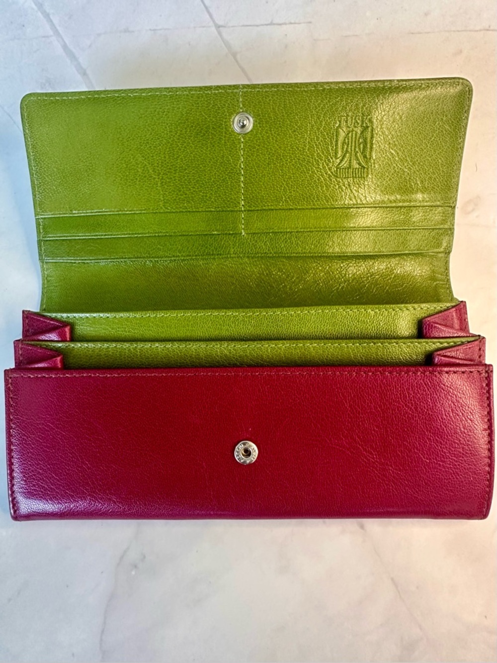 Vintage Leather Wallet Magenta Green Snap Closure Bifold Long Wallet